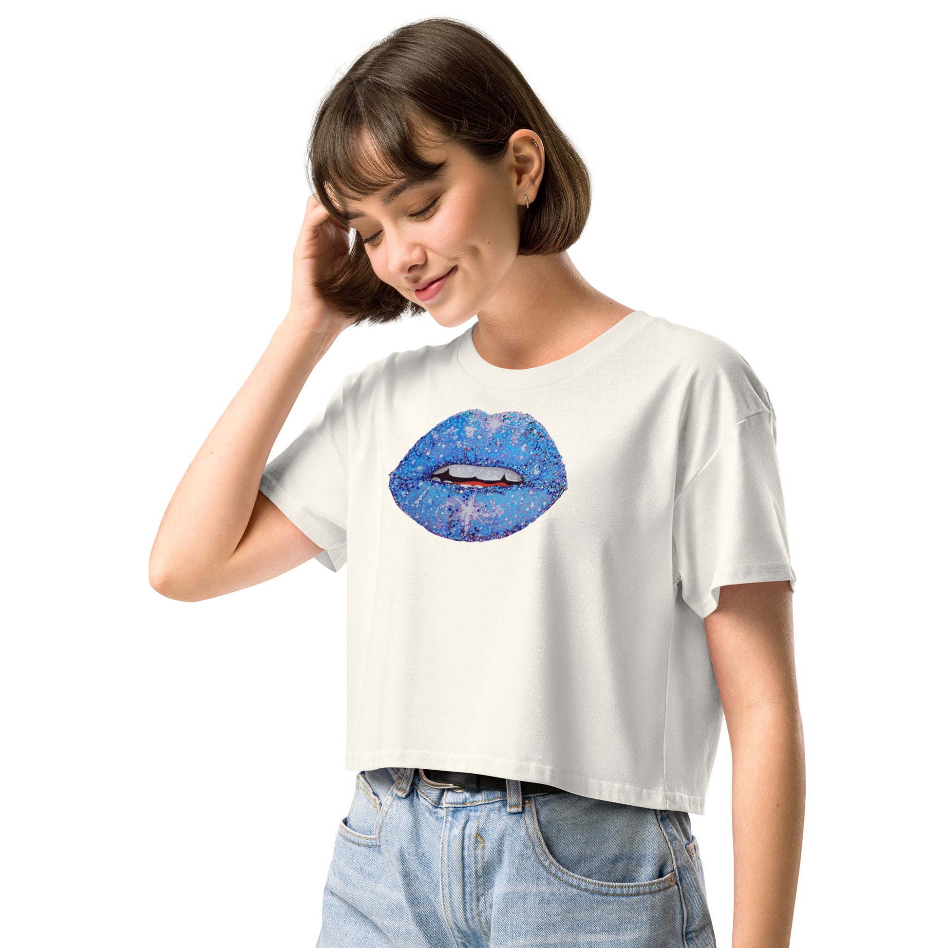 Blue Glitter Lips design by Kirsten Blackburn on crop top