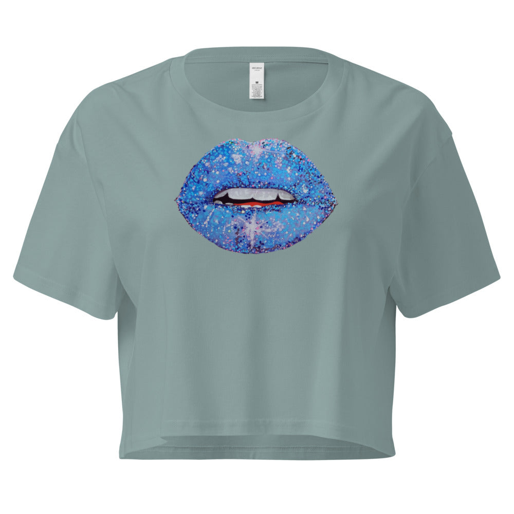 Blue Glitter Lips design by Kirsten Blackburn on crop top
