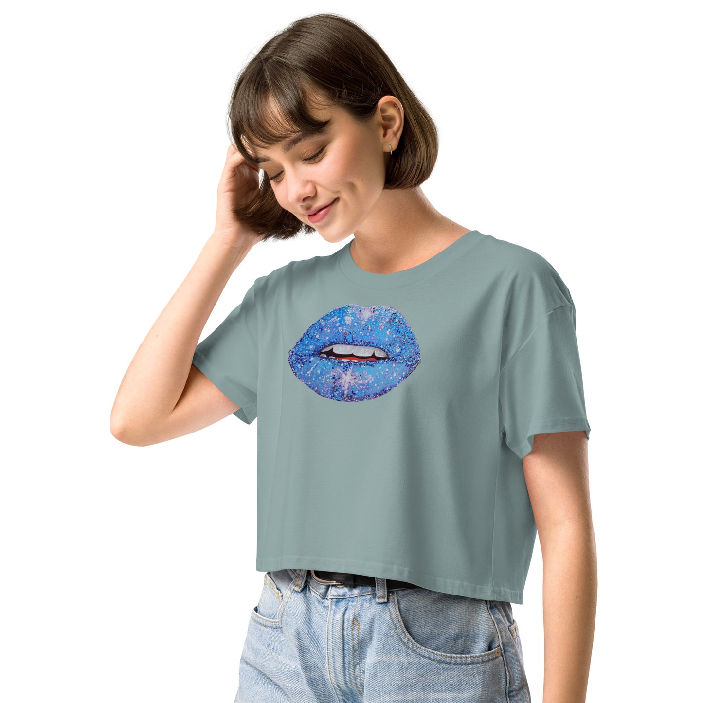 Blue Glitter Lips design by Kirsten Blackburn on crop top