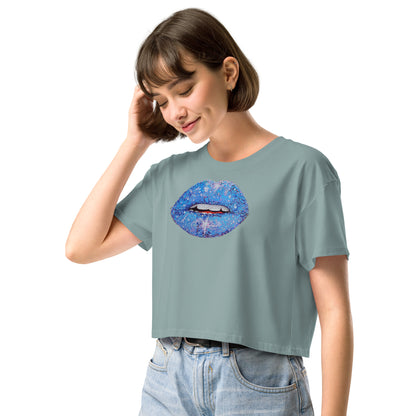 Blue Glitter Lips design by Kirsten Blackburn on crop top