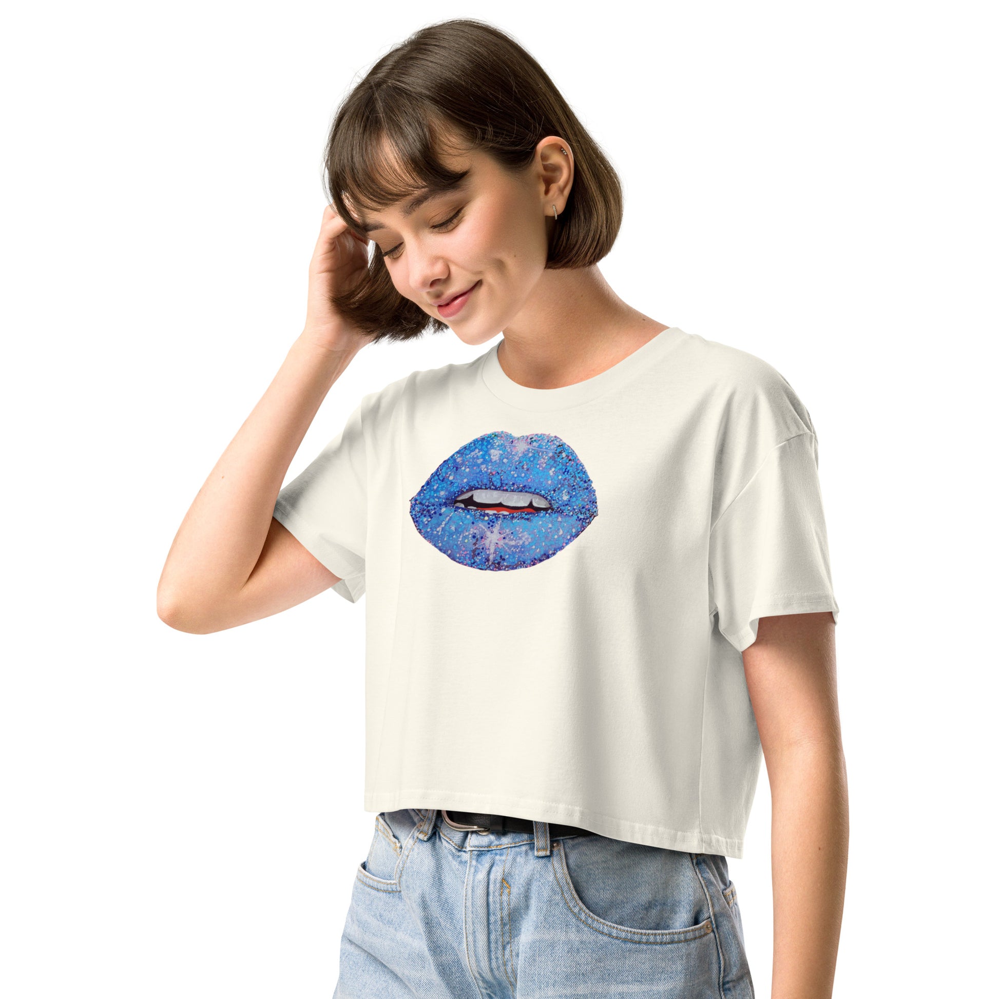 Blue Glitter Lips design by Kirsten Blackburn on crop top