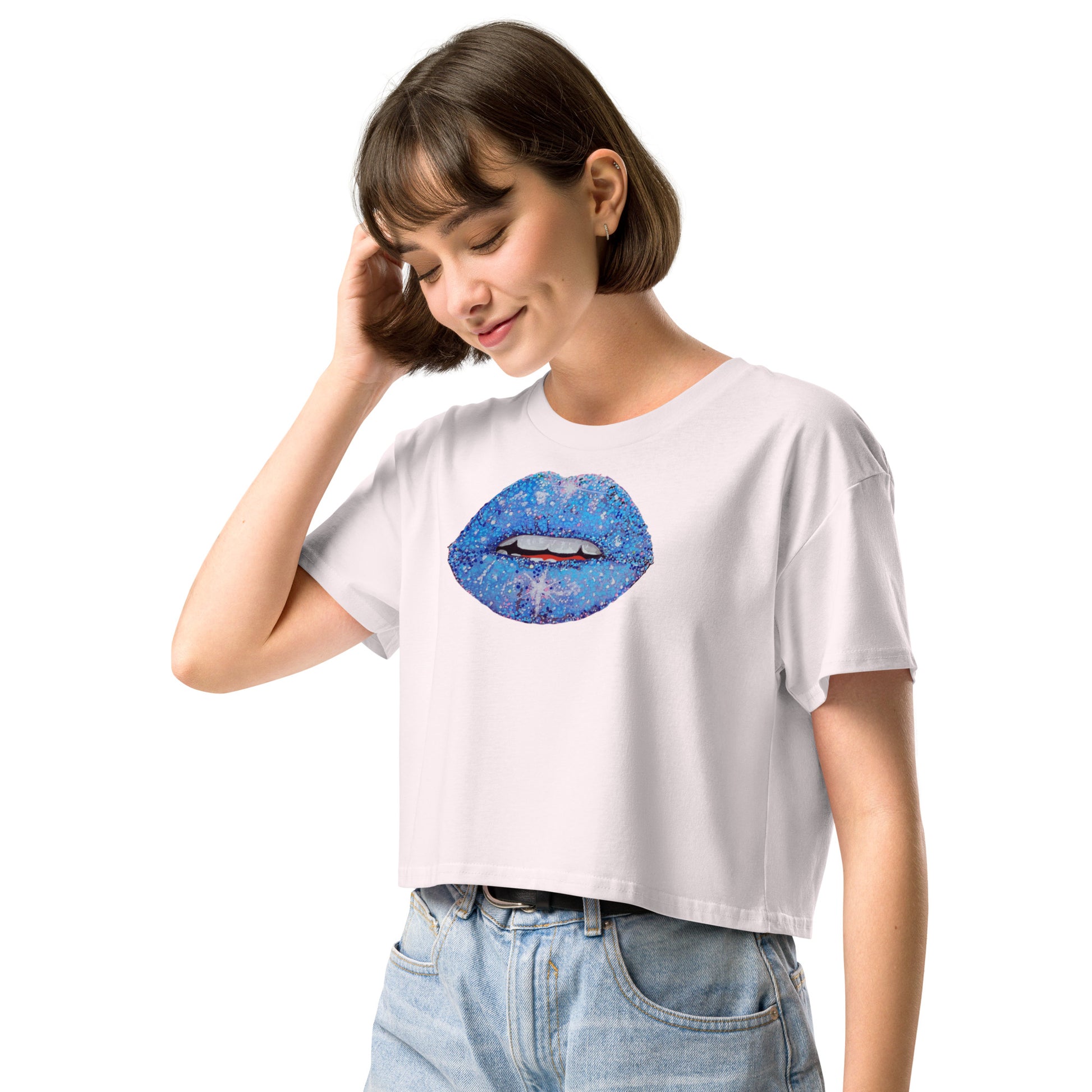 Blue Glitter Lips design by Kirsten Blackburn on crop top