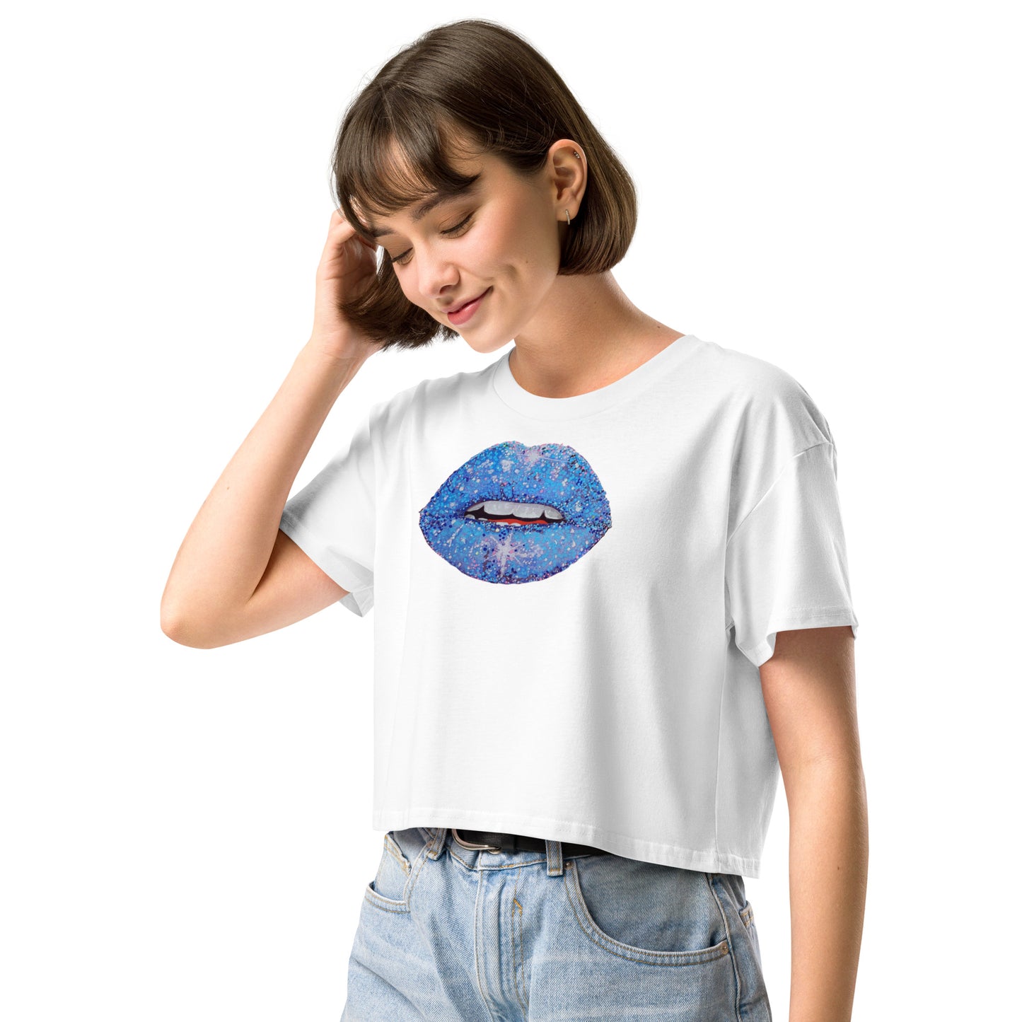 Blue Glitter Lips design by Kirsten Blackburn on crop top