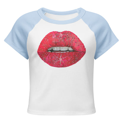 Red Glitter Lips design by Kirsten Blackburn on women's micro rib raglan baby tee