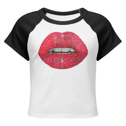 Red Glitter Lips design by Kirsten Blackburn on women's micro rib raglan baby tee