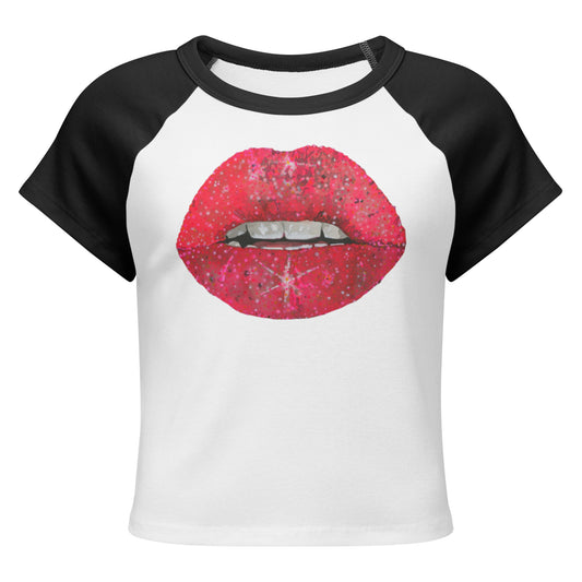 Red Glitter Lips design by Kirsten Blackburn on women's micro rib raglan baby tee