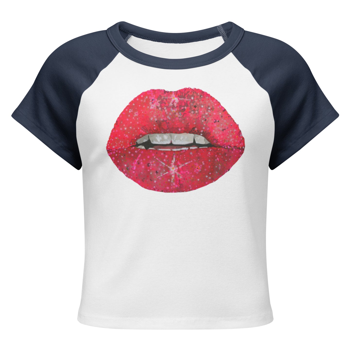 Red Glitter Lips design by Kirsten Blackburn on women's micro rib raglan baby tee