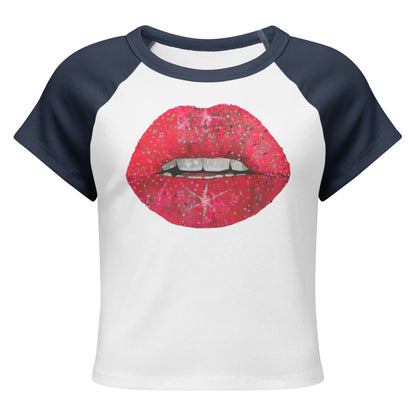 Red Glitter Lips design by Kirsten Blackburn on women's micro rib raglan baby tee