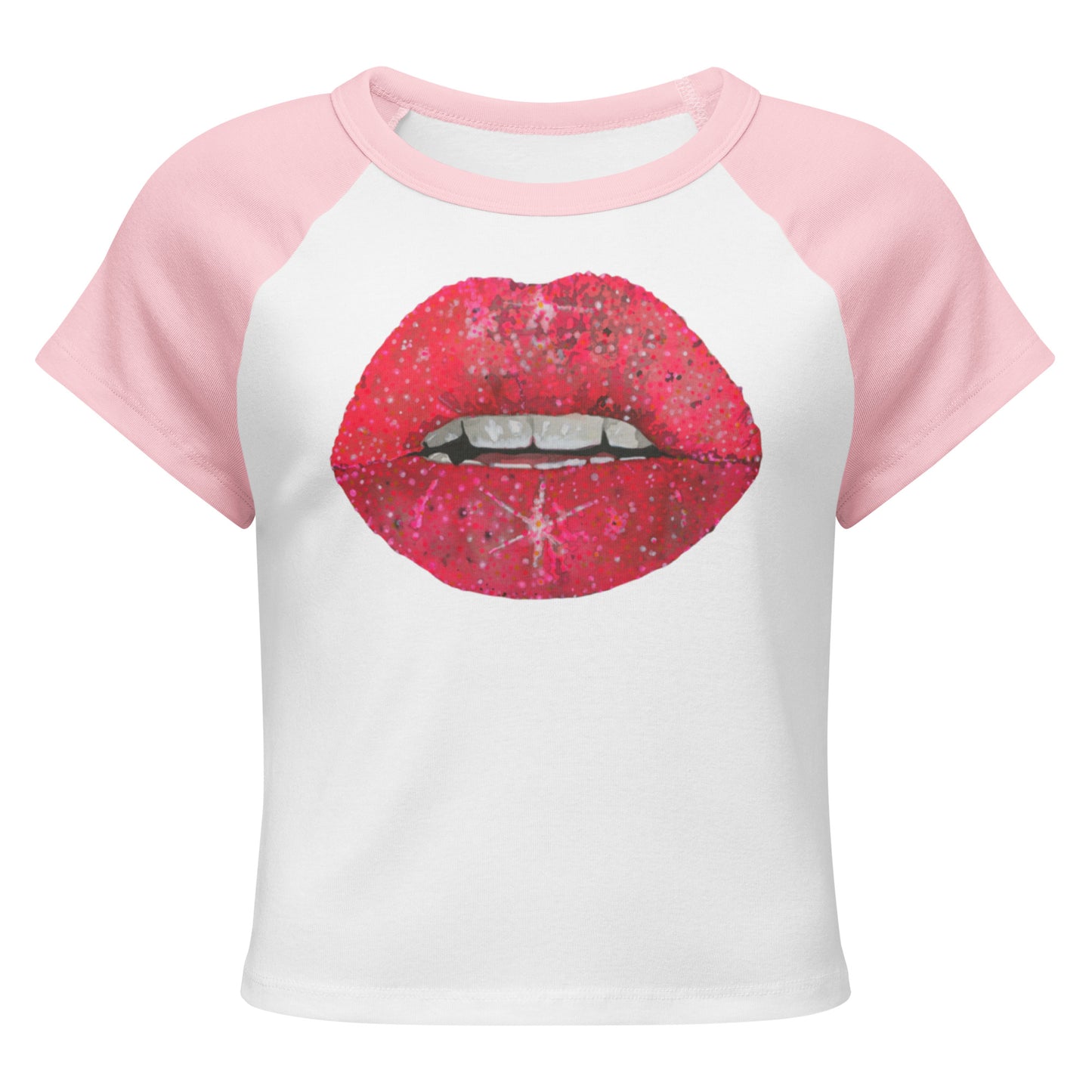 Red Glitter Lips design by Kirsten Blackburn on women's micro rib raglan baby tee