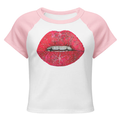 Red Glitter Lips design by Kirsten Blackburn on women's micro rib raglan baby tee