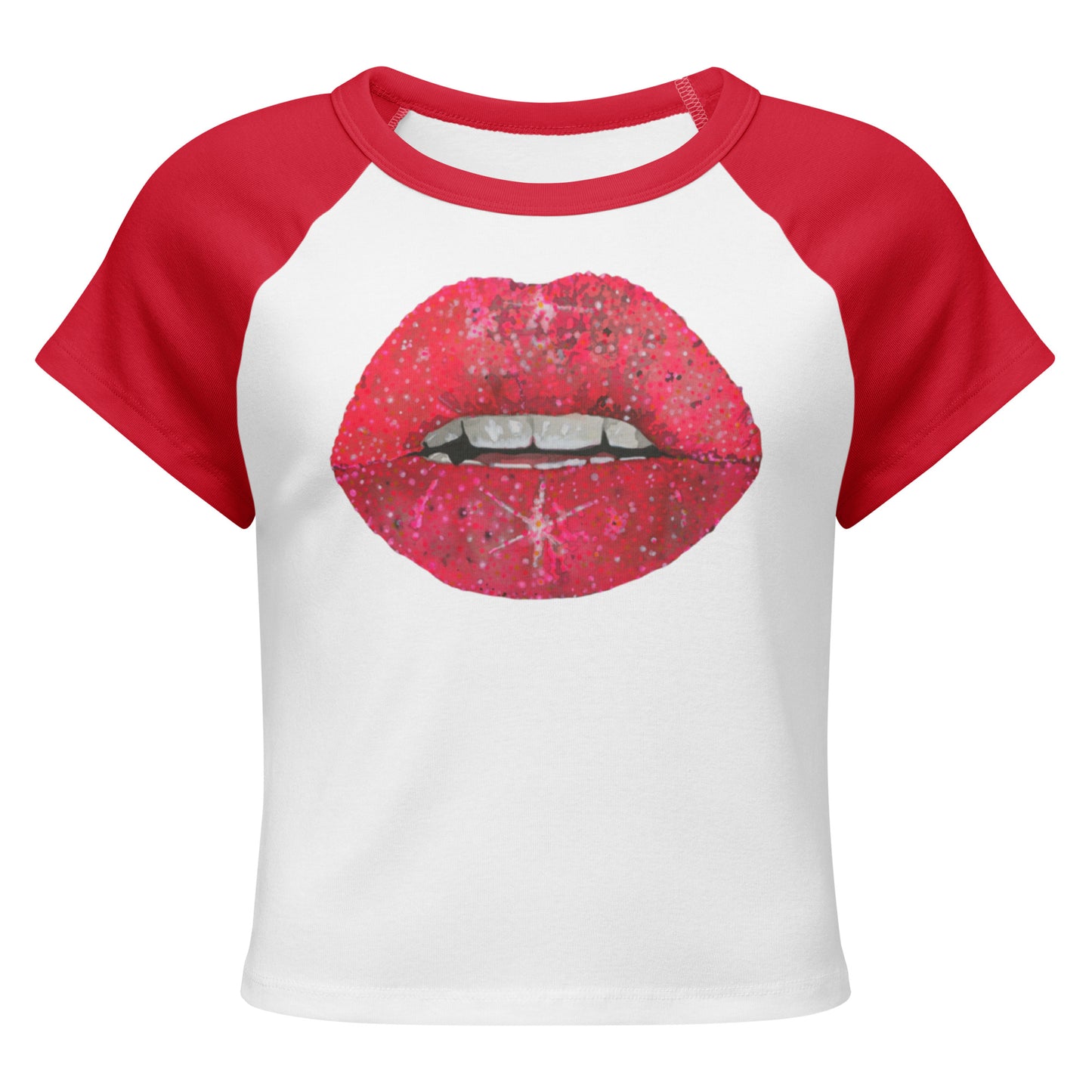 Red Glitter Lips design by Kirsten Blackburn on women's micro rib raglan baby tee