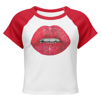 Red Glitter Lips design by Kirsten Blackburn on women's micro rib raglan baby tee
