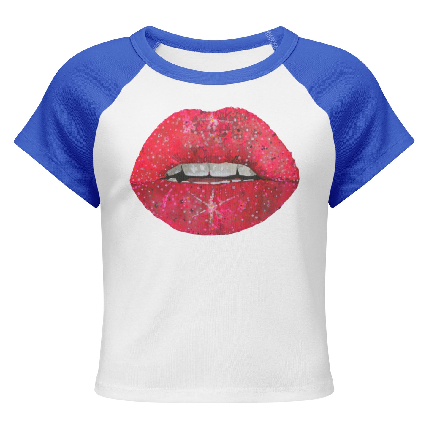Red Glitter Lips design by Kirsten Blackburn on women's micro rib raglan baby tee