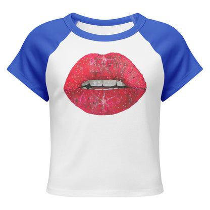 Red Glitter Lips design by Kirsten Blackburn on women's micro rib raglan baby tee