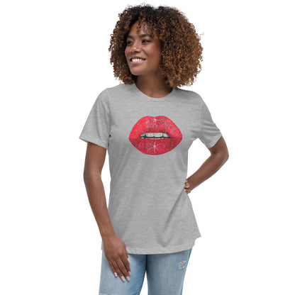 Red Glitter Lips design by Kirsten Blackburn on women's relaxed tee