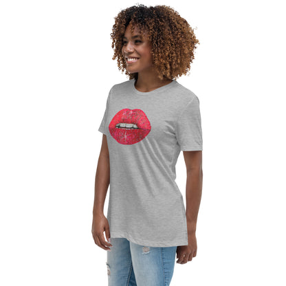 Red Glitter Lips design by Kirsten Blackburn on women's relaxed tee