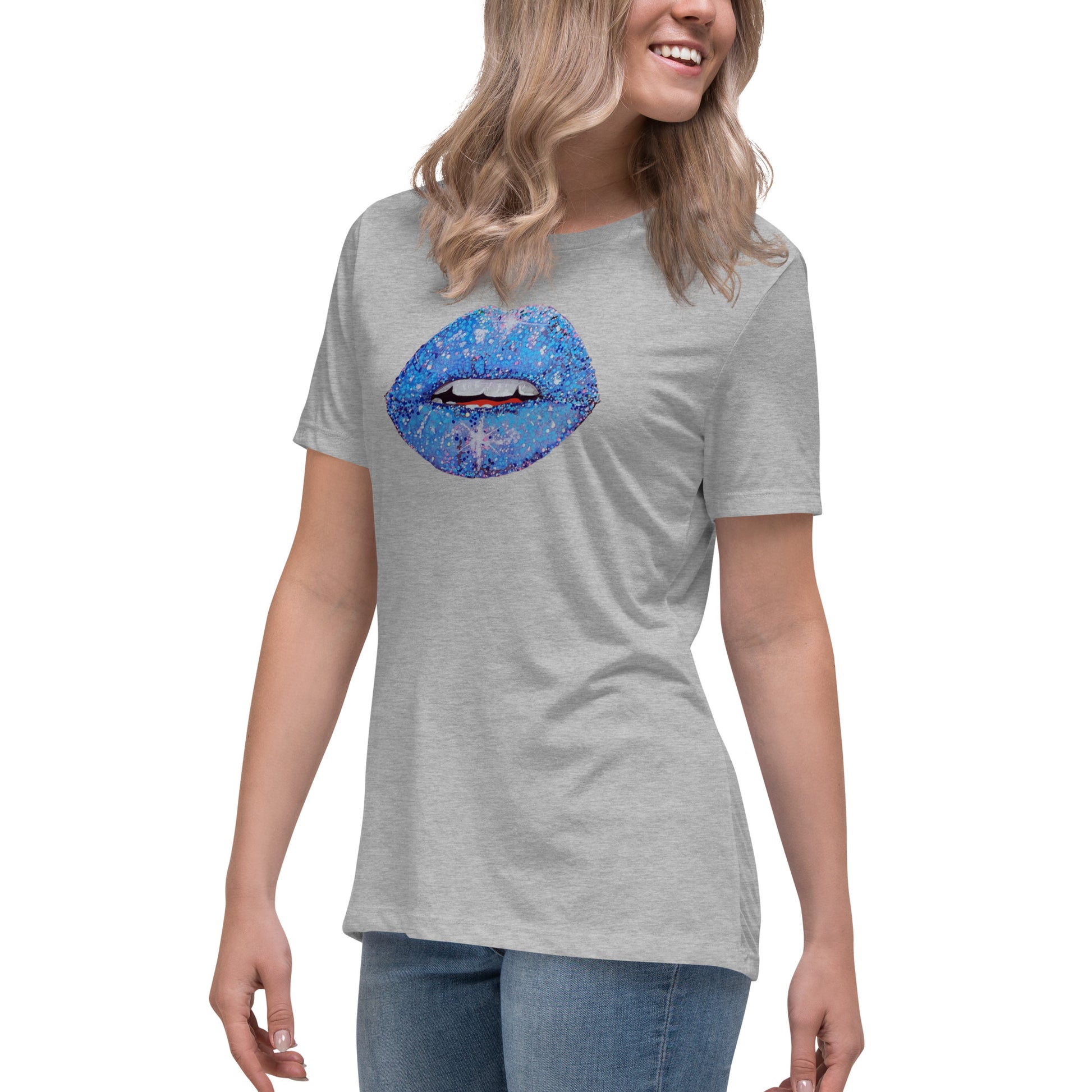 Blue Glitter Lips design by Kirsten Blackburn on women's relaxed tee