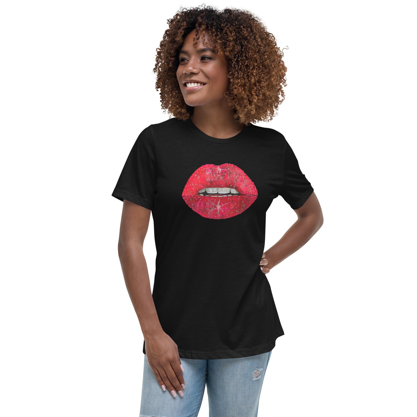 Red Glitter Lips design by Kirsten Blackburn on women's relaxed tee