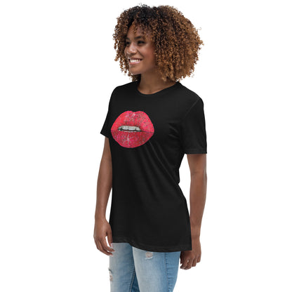 Red Glitter Lips design by Kirsten Blackburn on women's relaxed tee