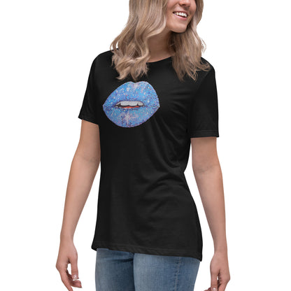 Blue Glitter Lips design by Kirsten Blackburn on women's relaxed tee