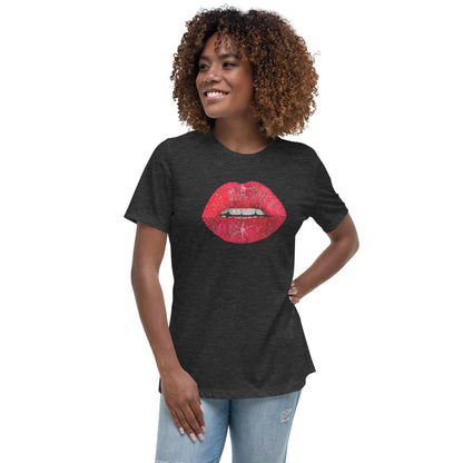 Red Glitter Lips design by Kirsten Blackburn on women's relaxed tee