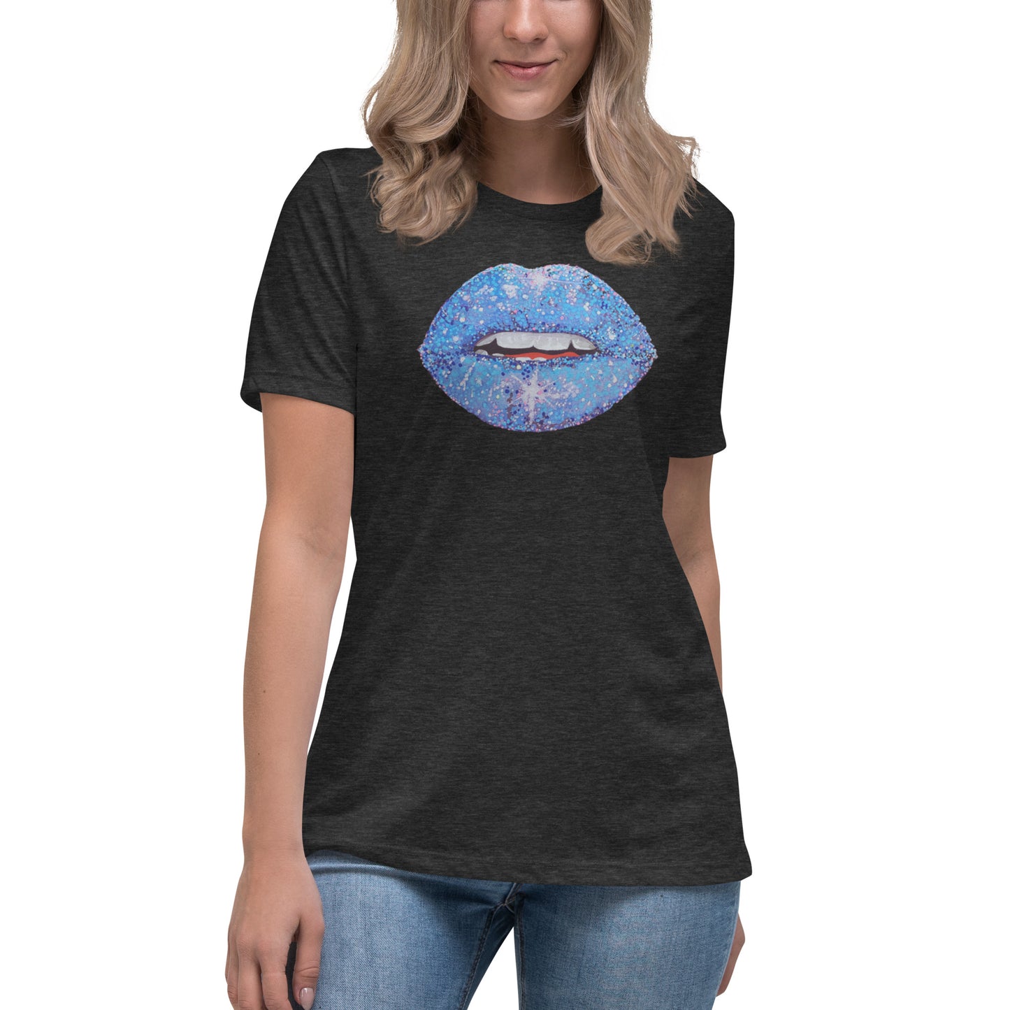 Blue Glitter Lips design by Kirsten Blackburn on women's relaxed tee