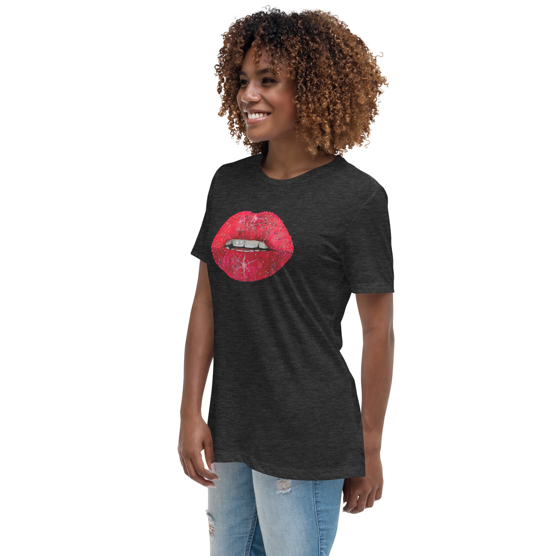 Red Glitter Lips design by Kirsten Blackburn on women's relaxed tee