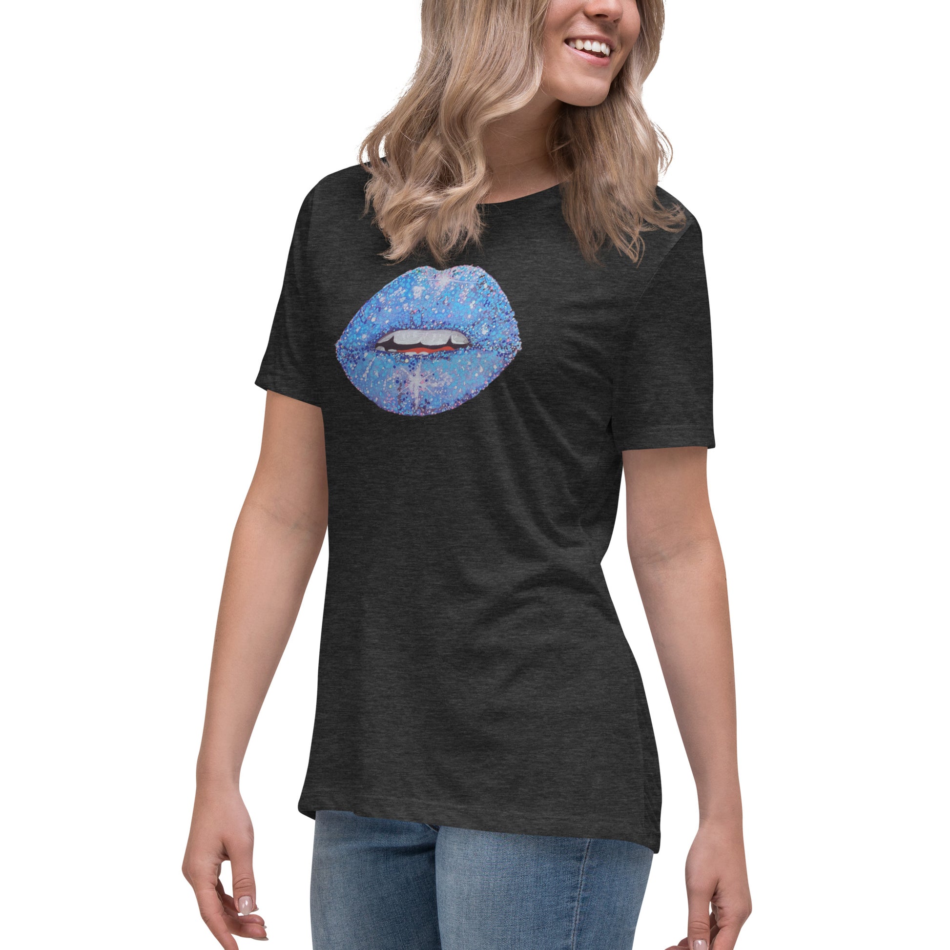 Blue Glitter Lips design by Kirsten Blackburn on women's relaxed tee
