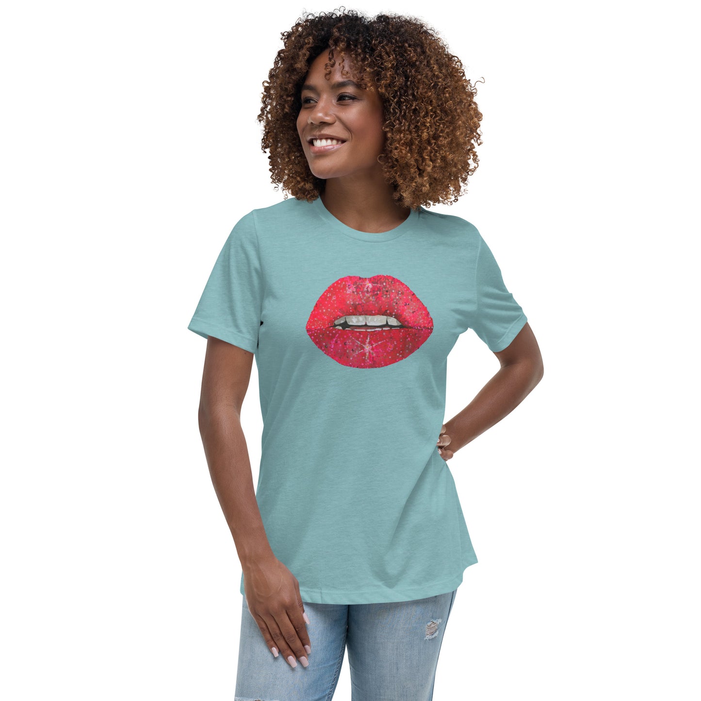 Red Glitter Lips design by Kirsten Blackburn on women's relaxed tee