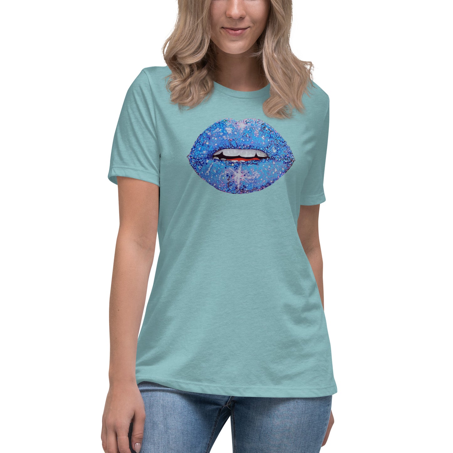 Blue Glitter Lips design by Kirsten Blackburn on women's relaxed tee