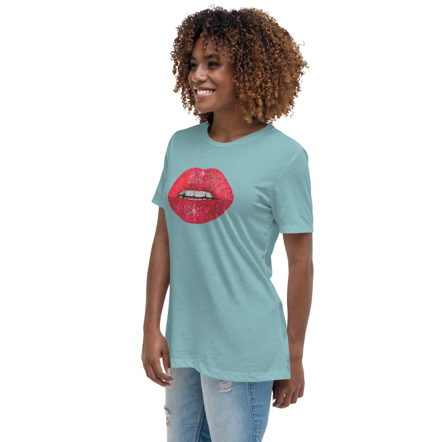 Red Glitter Lips design by Kirsten Blackburn on women's relaxed tee