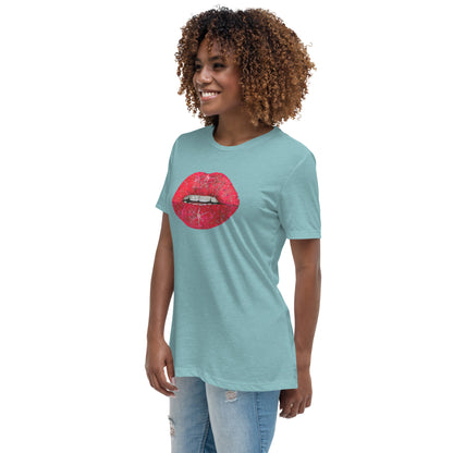 Red Glitter Lips design by Kirsten Blackburn on women's relaxed tee