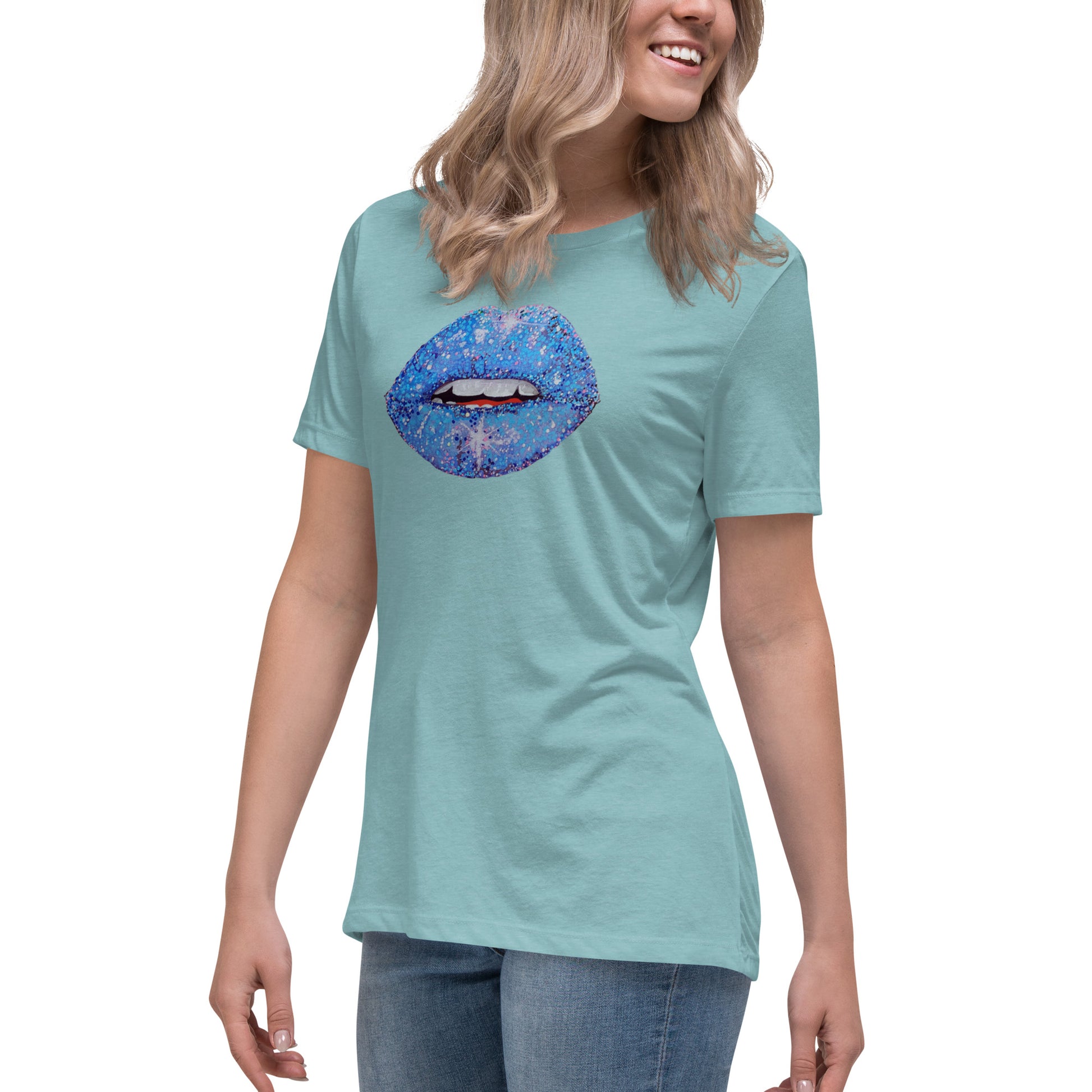 Blue Glitter Lips design by Kirsten Blackburn on women's relaxed tee