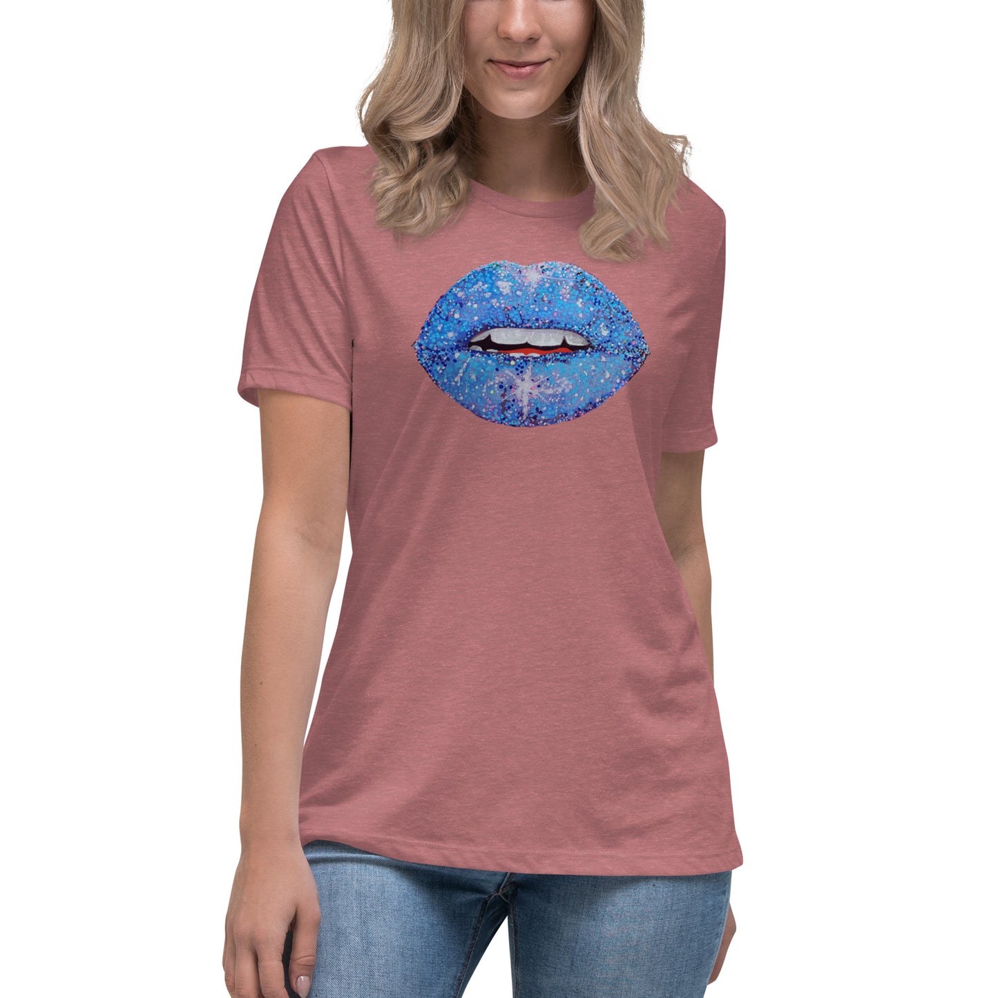 Blue Glitter Lips design by Kirsten Blackburn on women's relaxed tee