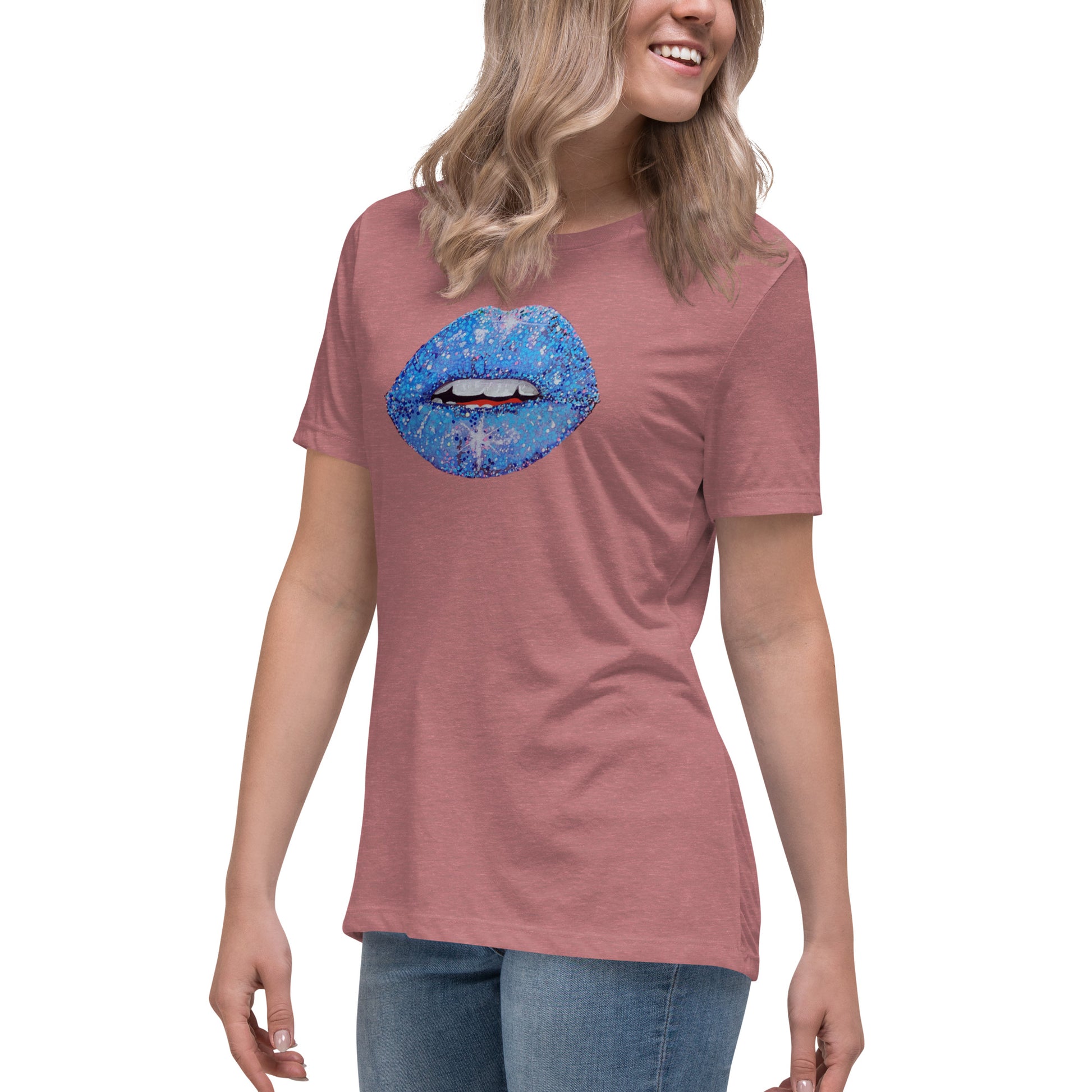 Blue Glitter Lips design by Kirsten Blackburn on women's relaxed tee