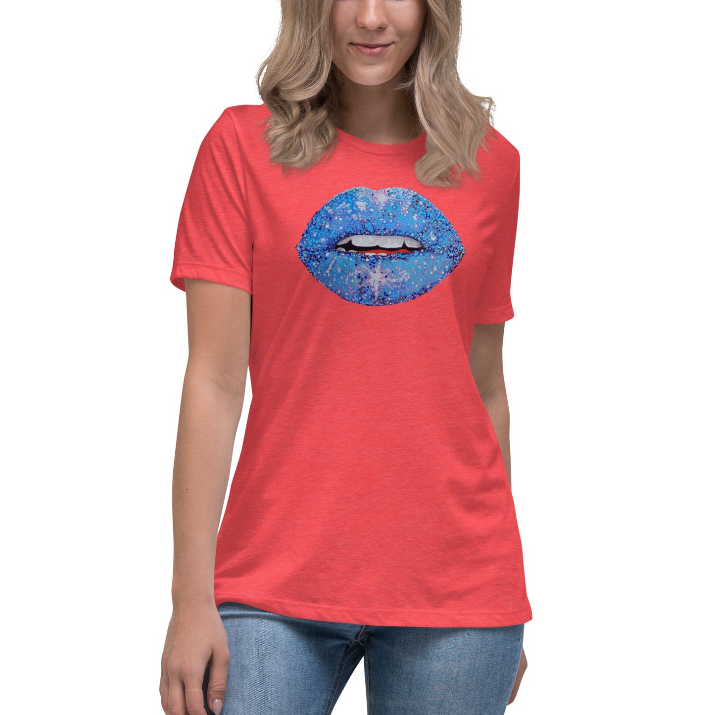 Blue Glitter Lips design by Kirsten Blackburn on women's relaxed tee