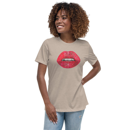 Red Glitter Lips design by Kirsten Blackburn on women's relaxed tee