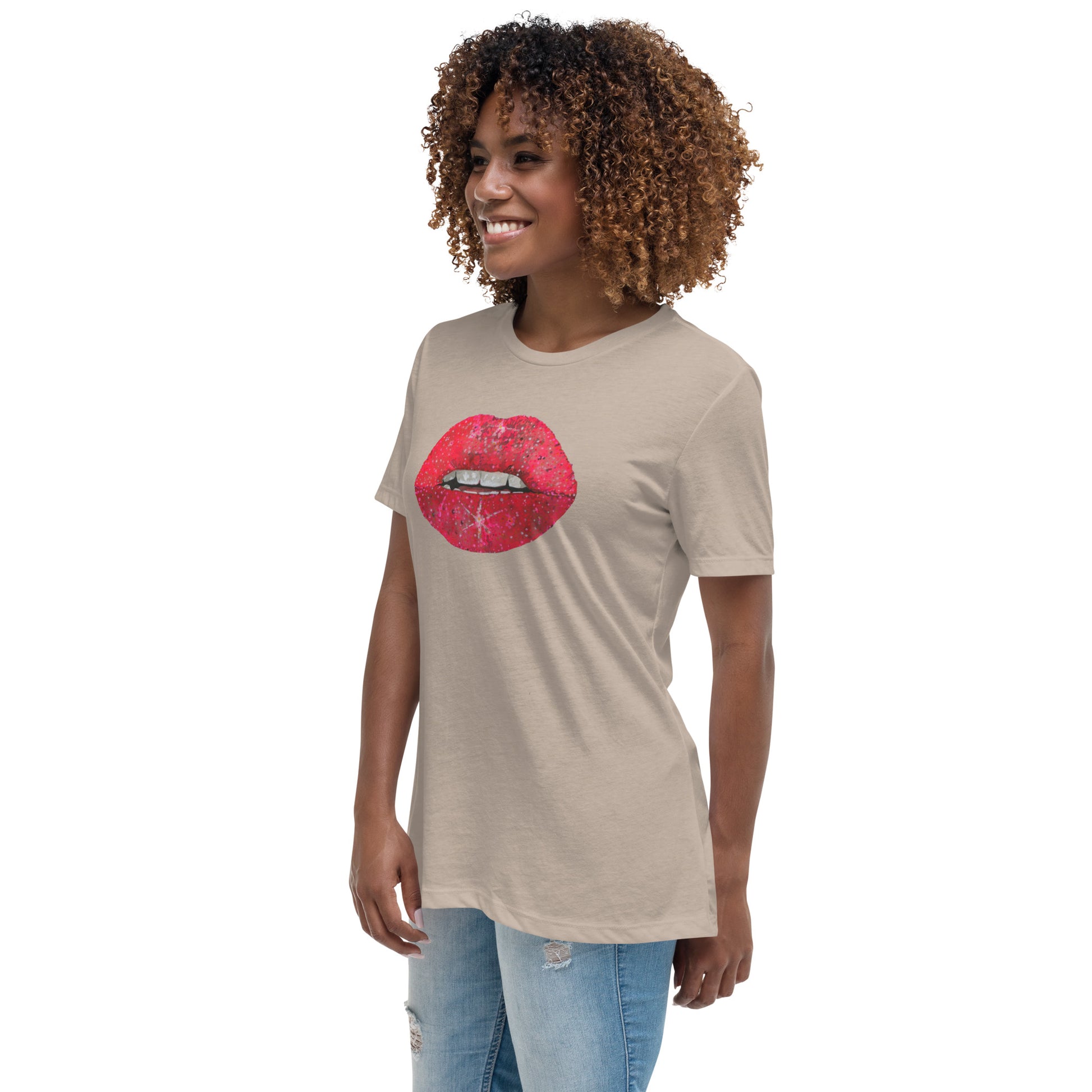 Red Glitter Lips design by Kirsten Blackburn on women's relaxed tee