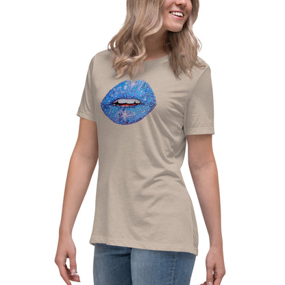 Blue Glitter Lips design by Kirsten Blackburn on women's relaxed tee