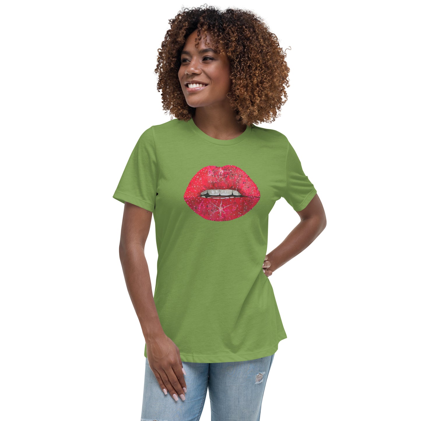 Red Glitter Lips design by Kirsten Blackburn on women's relaxed tee