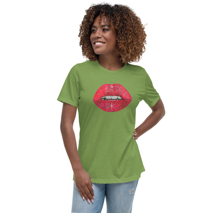 Red Glitter Lips design by Kirsten Blackburn on women's relaxed tee