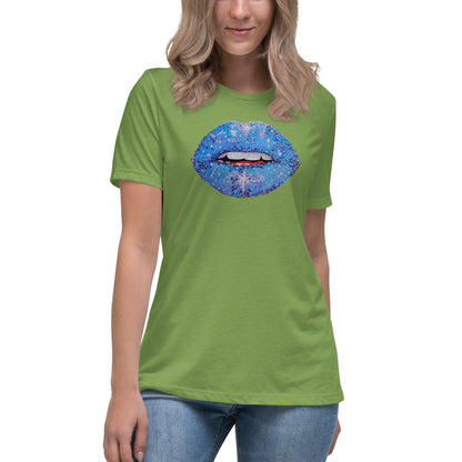 Blue Glitter Lips design by Kirsten Blackburn on women's relaxed tee
