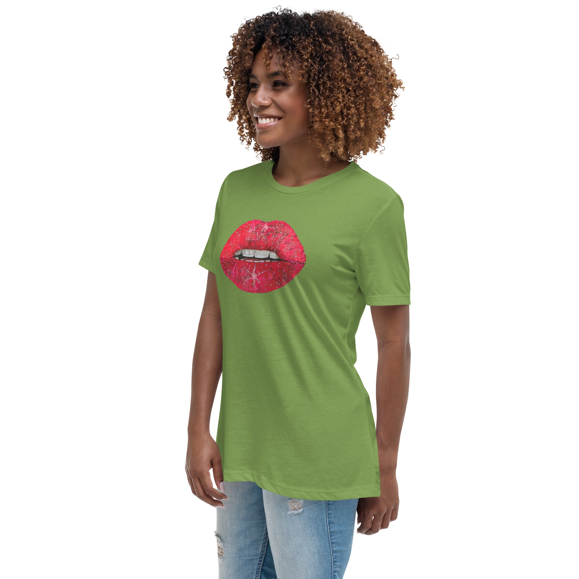 Red Glitter Lips design by Kirsten Blackburn on women's relaxed tee
