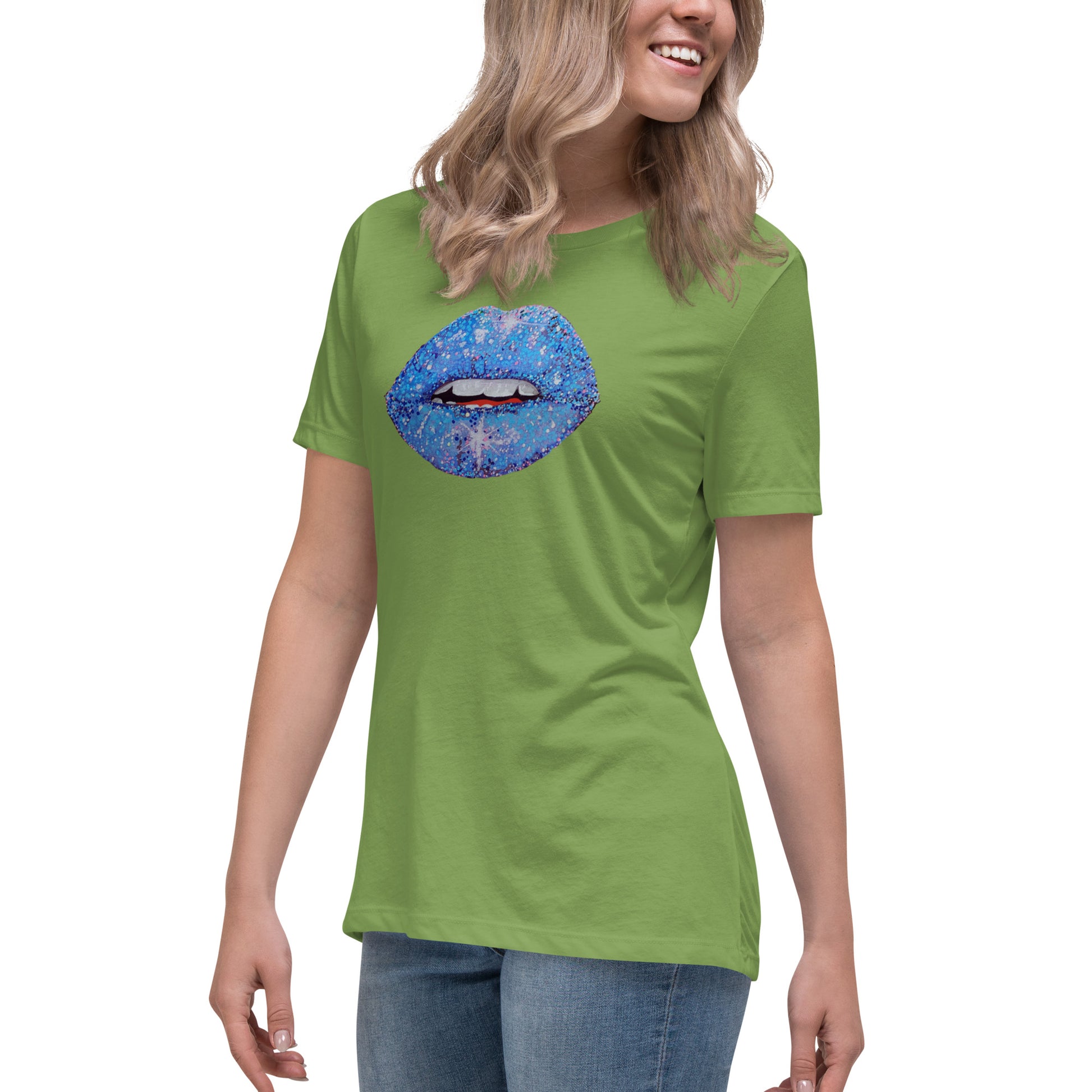 Blue Glitter Lips design by Kirsten Blackburn on women's relaxed tee