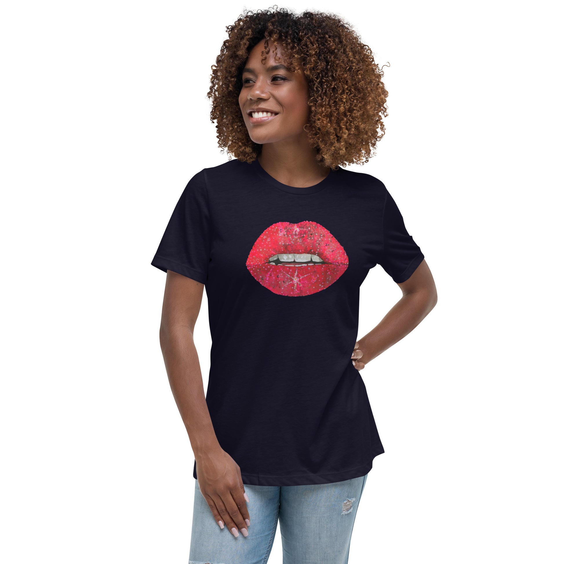 Red Glitter Lips design by Kirsten Blackburn on women's relaxed tee