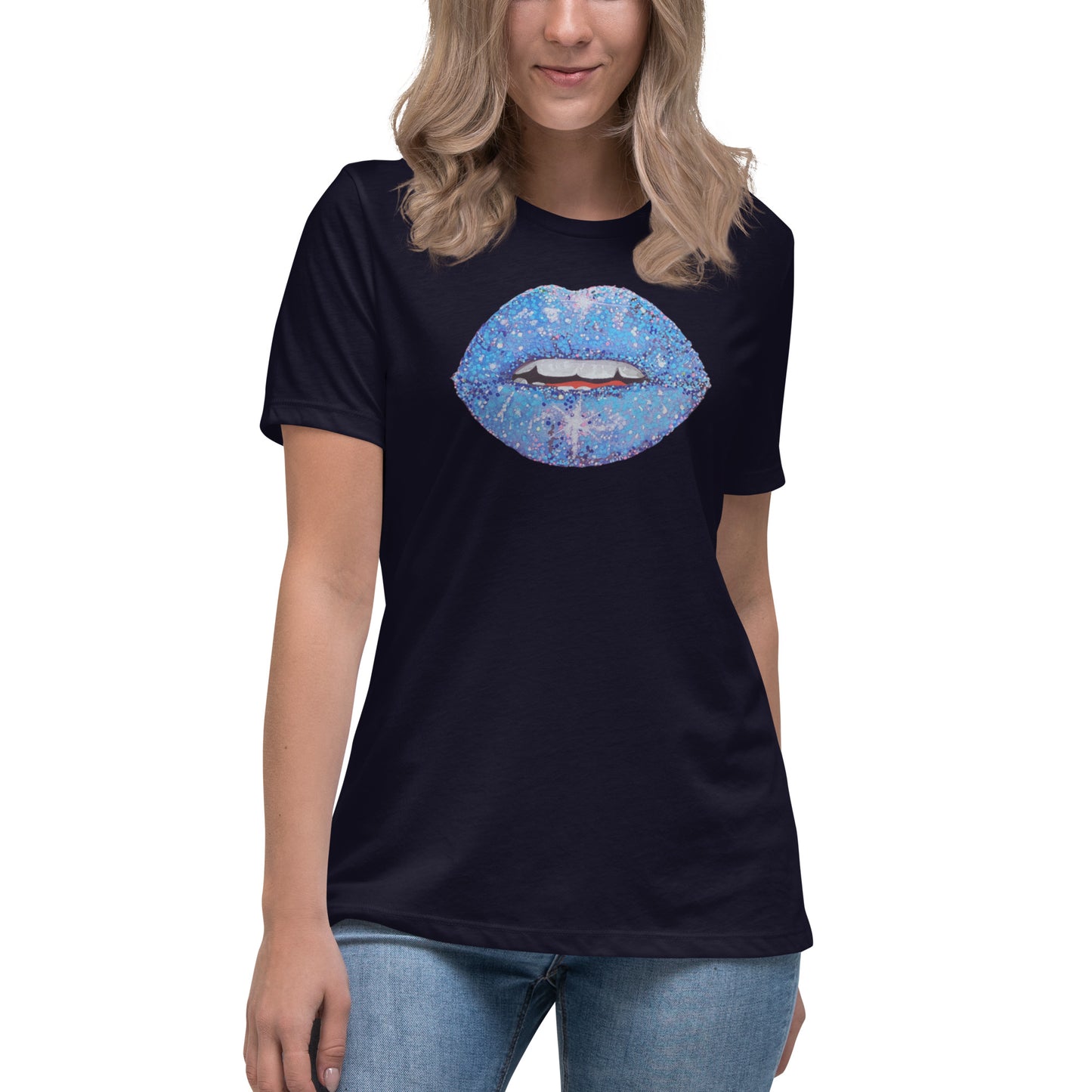 Blue Glitter Lips design by Kirsten Blackburn on women's relaxed tee