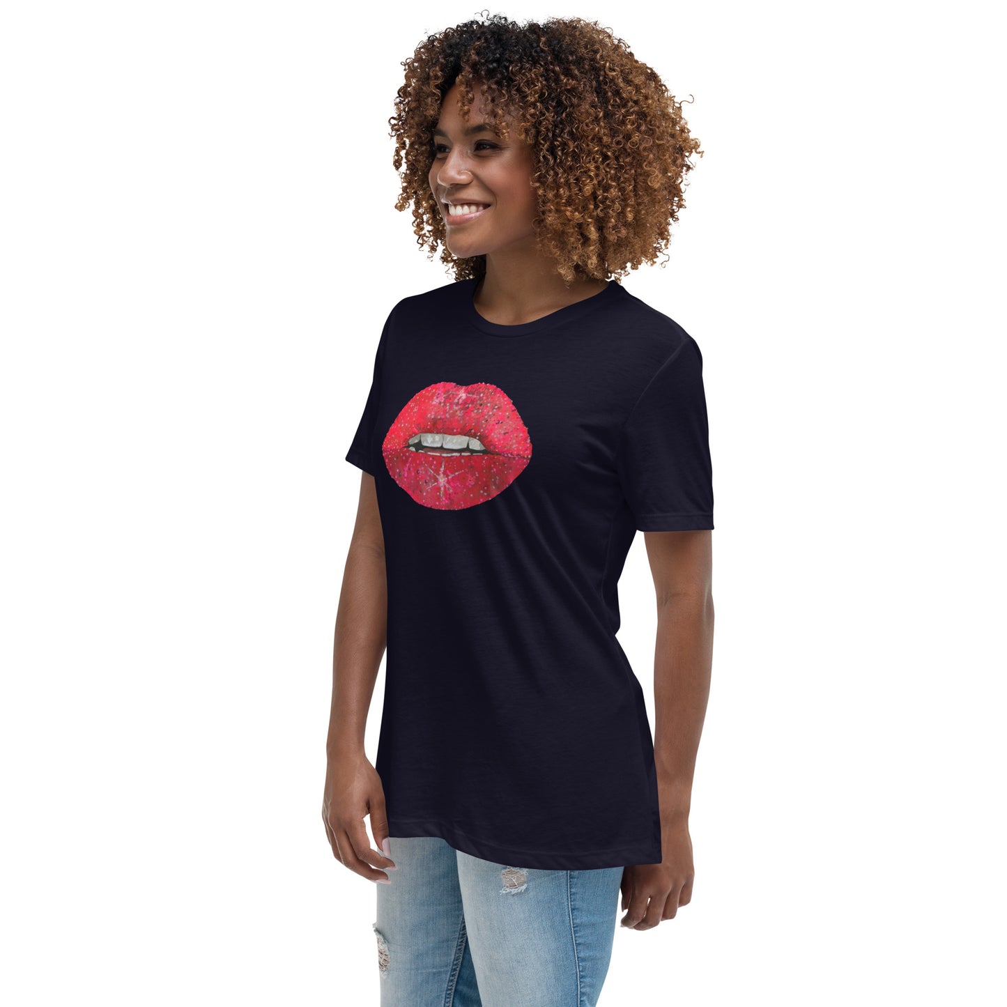 Red Glitter Lips design by Kirsten Blackburn on women's relaxed tee
