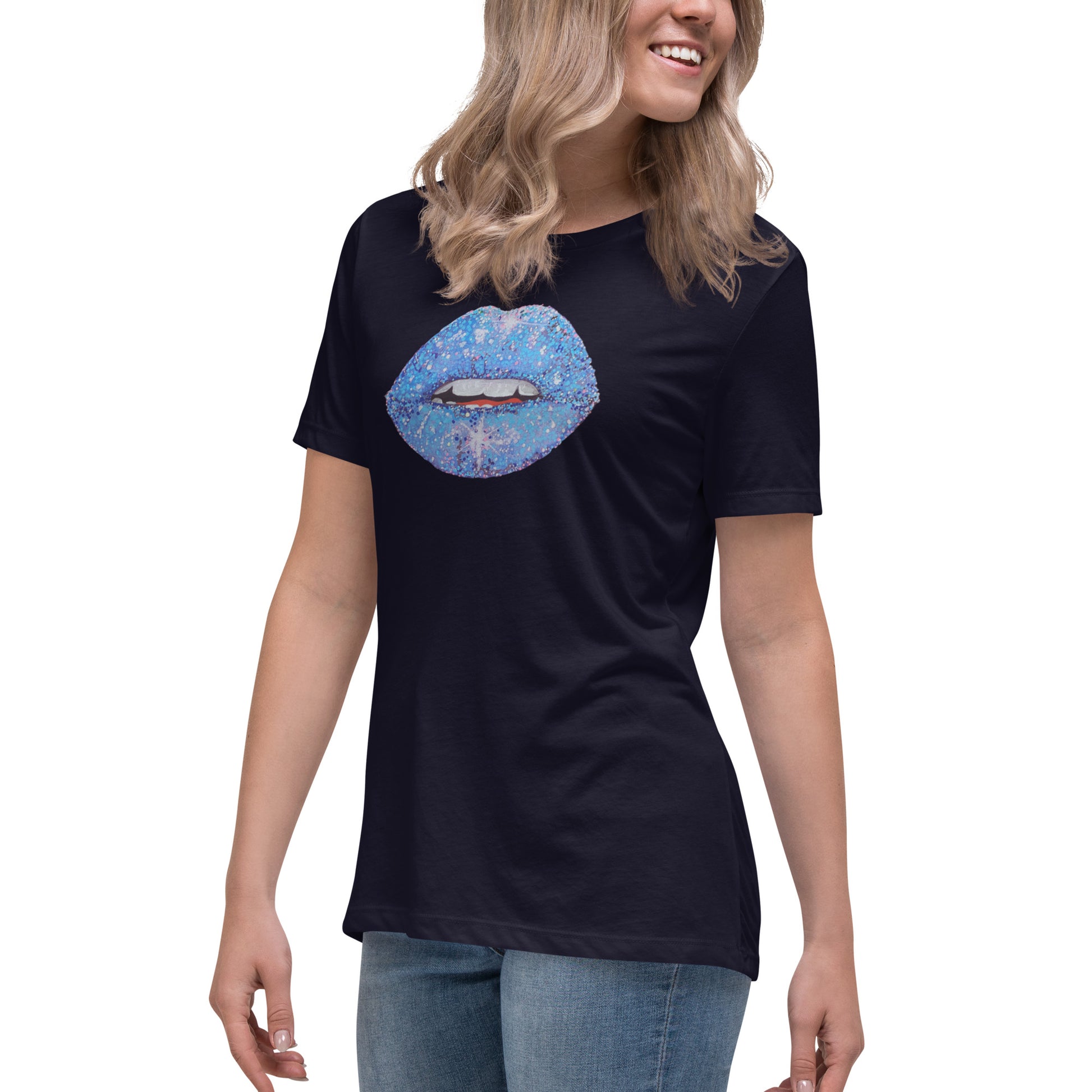Blue Glitter Lips design by Kirsten Blackburn on women's relaxed tee