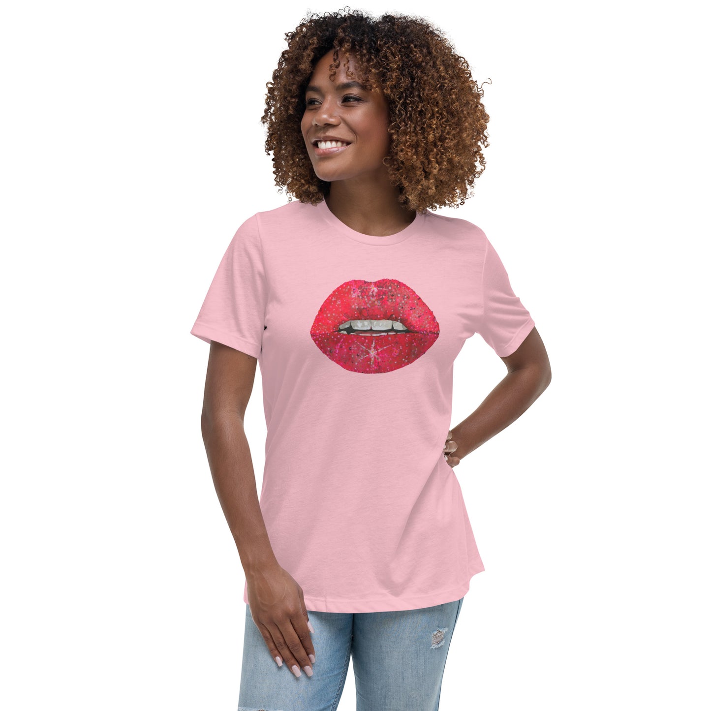 Red Glitter Lips design by Kirsten Blackburn on women's relaxed tee