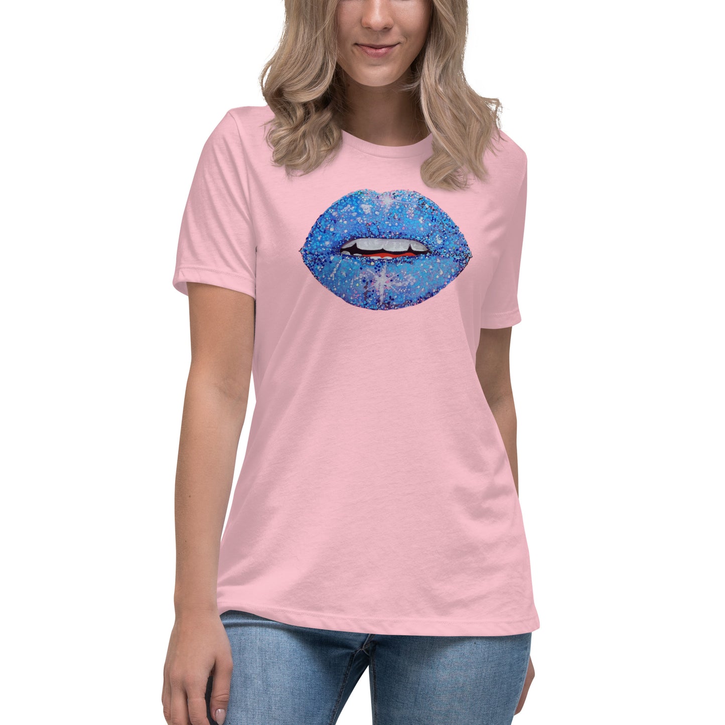 Blue Glitter Lips design by Kirsten Blackburn on women's relaxed tee